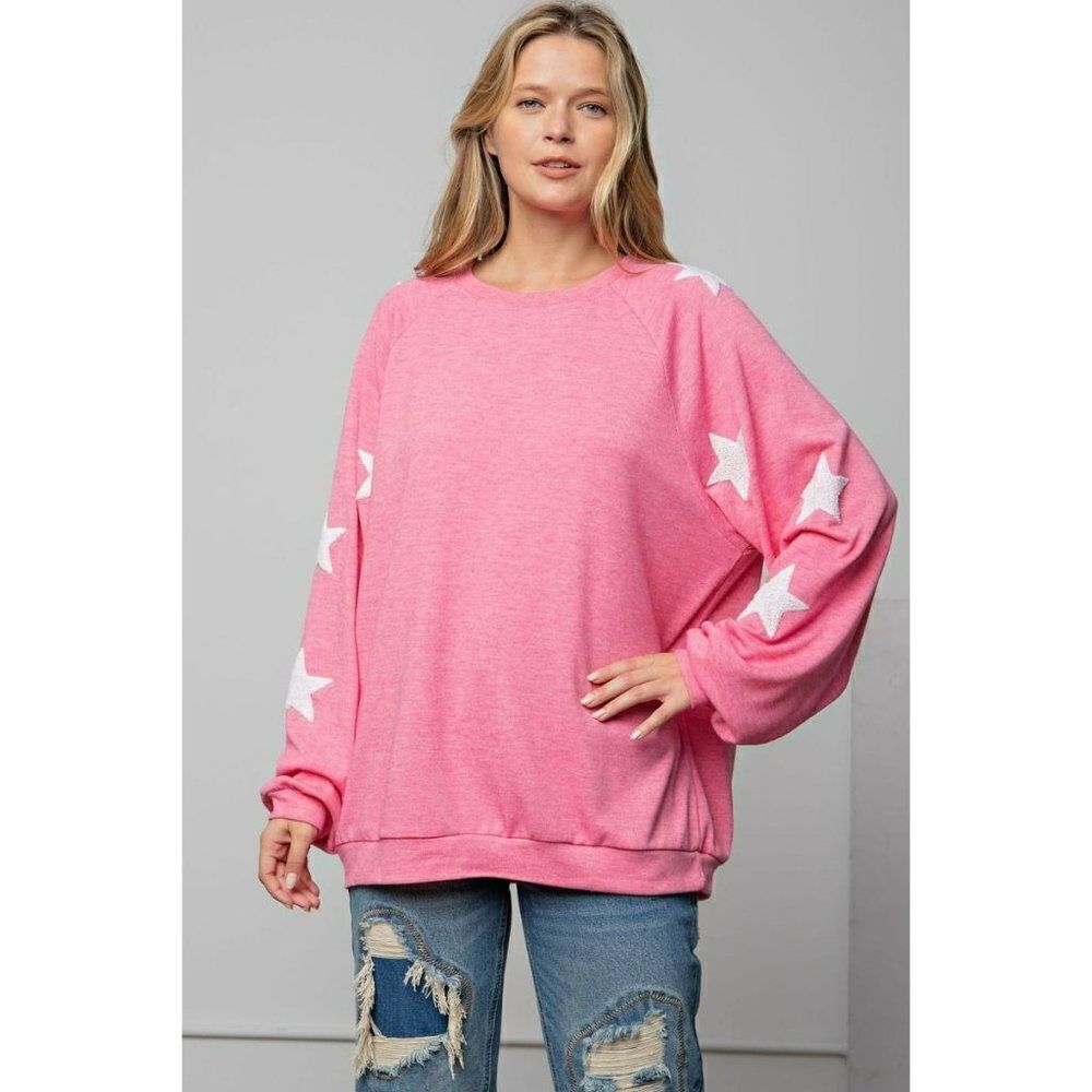 Easel Clothing Ultraย Soft Hacci Pullover Star PrintโSlouchy Barbie Pink ET10831